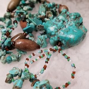 Genuine Turquoise Boho Wood and Beaded Necklace